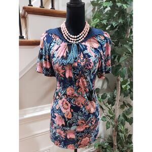 Vintage America Women's Multicolor Floral Short Sleeve V-Neck Top Blouse Small